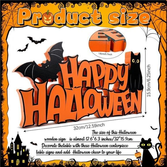 Halloween Table Decorations Happy Halloween Sign Black Cat Bat Tabletop - Picture 3 of 7